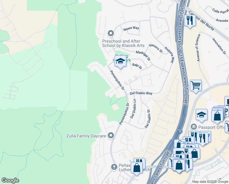 map of restaurants, bars, coffee shops, grocery stores, and more near 11049 Avenida Maria in San Diego
