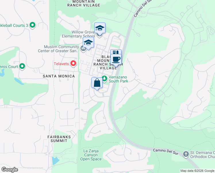 map of restaurants, bars, coffee shops, grocery stores, and more near 14605 Via Bettona in San Diego
