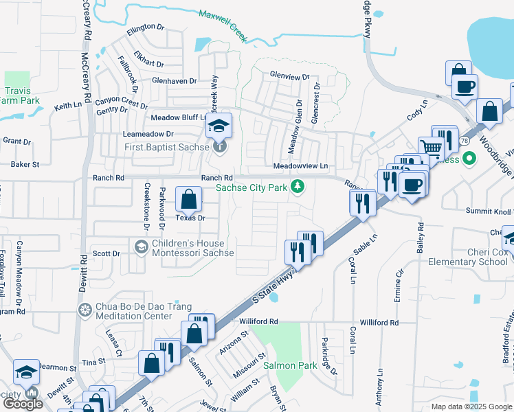 map of restaurants, bars, coffee shops, grocery stores, and more near 4342-4370 Ranch Road in Sachse