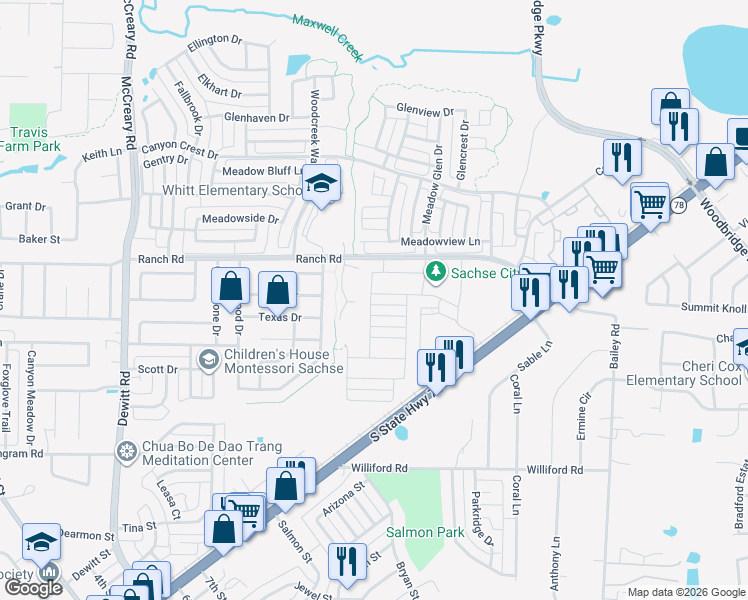 map of restaurants, bars, coffee shops, grocery stores, and more near 4342-4370 Ranch Road in Sachse