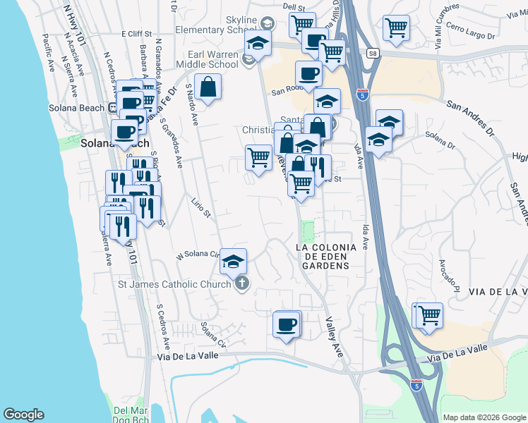 map of restaurants, bars, coffee shops, grocery stores, and more near 611 Fresca Street in Solana Beach