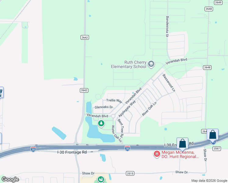 map of restaurants, bars, coffee shops, grocery stores, and more near 3028 Oakcrest Drive in Royse City