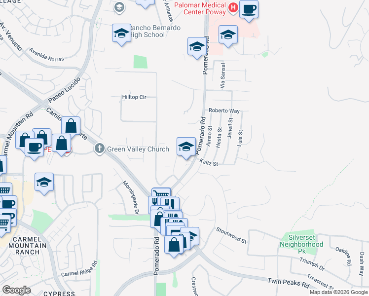 map of restaurants, bars, coffee shops, grocery stores, and more near 15045 Heath Drive in Poway
