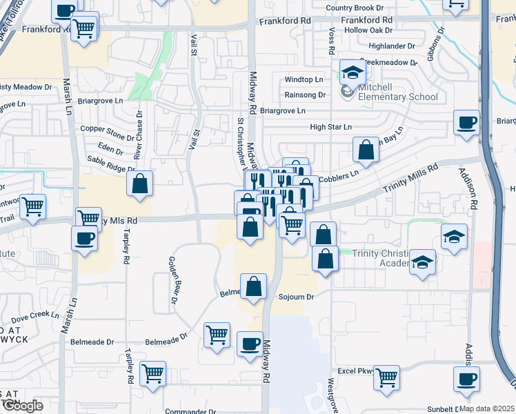 map of restaurants, bars, coffee shops, grocery stores, and more near 4043 East Trinity Mills Road in Dallas