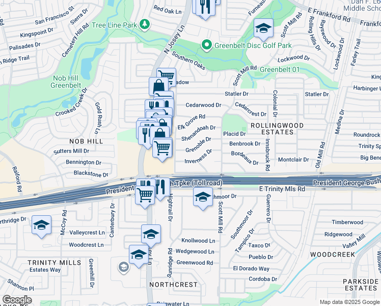 map of restaurants, bars, coffee shops, grocery stores, and more near 2010 Grenoble Drive in Carrollton