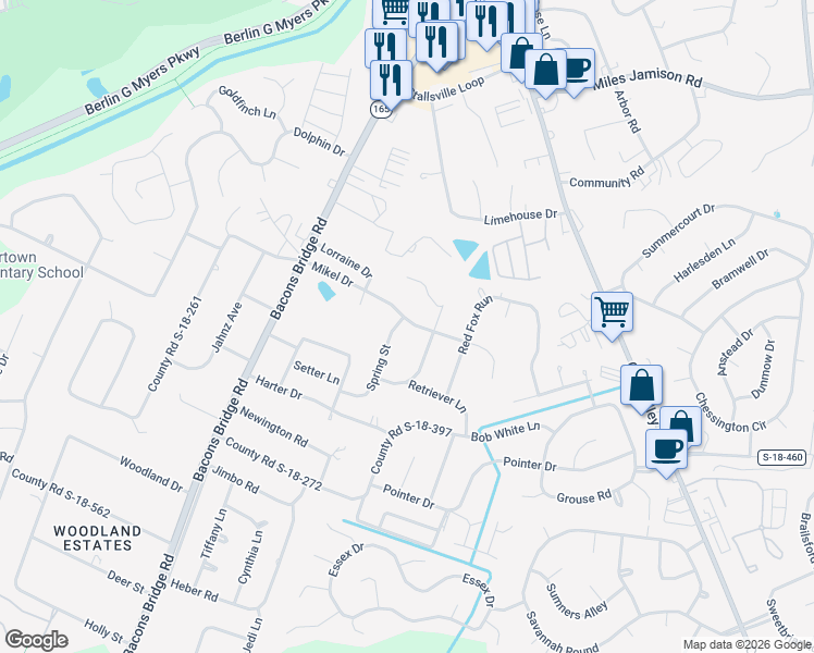 map of restaurants, bars, coffee shops, grocery stores, and more near 217 County Road S-18-505 in Summerville