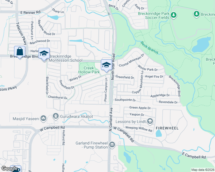 map of restaurants, bars, coffee shops, grocery stores, and more near 3047 Pinon Canyon Lane in Richardson