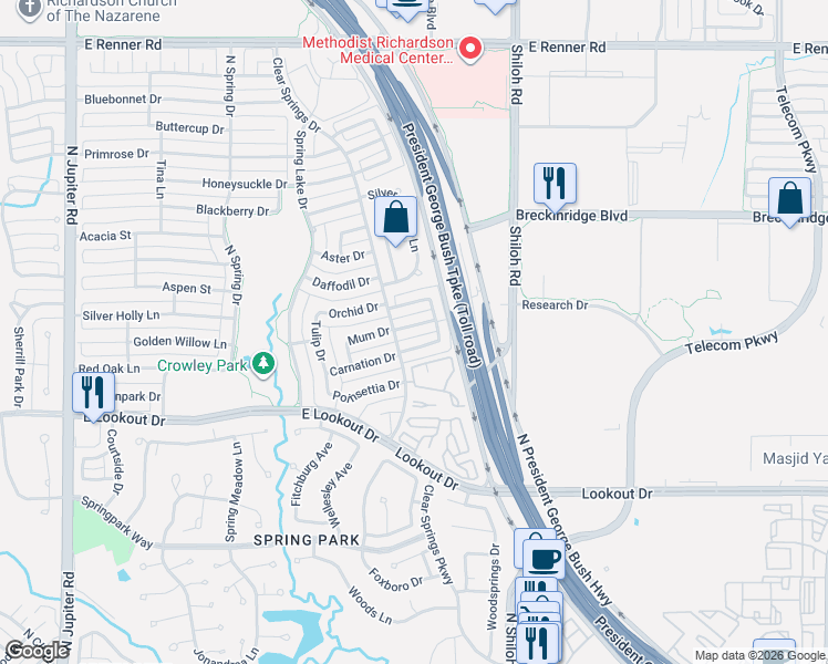 map of restaurants, bars, coffee shops, grocery stores, and more near 2709 Mum Drive in Richardson