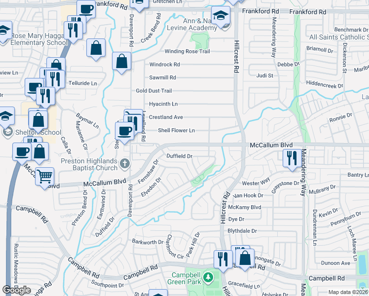 map of restaurants, bars, coffee shops, grocery stores, and more near 6704 McCallum Boulevard in Dallas