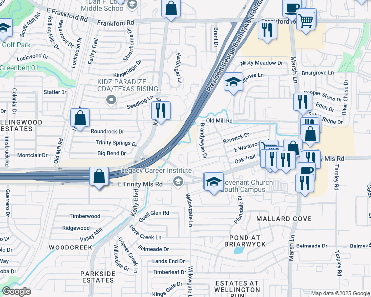 map of restaurants, bars, coffee shops, grocery stores, and more near 2605-2601 Brandywyne Drive in Carrollton