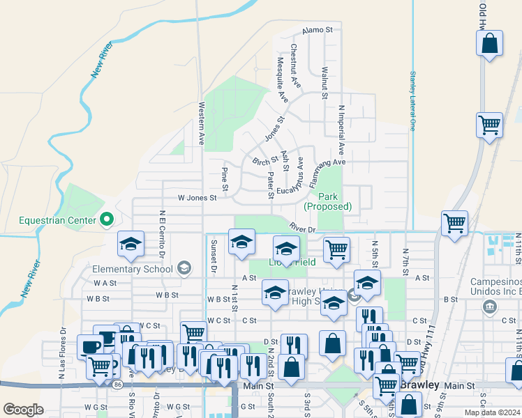 map of restaurants, bars, coffee shops, grocery stores, and more near 896 Flammang Avenue in Brawley