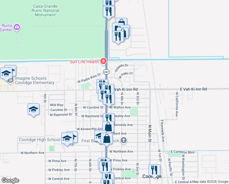 map of restaurants, bars, coffee shops, grocery stores, and more near 1087 North Arizona Boulevard in Coolidge