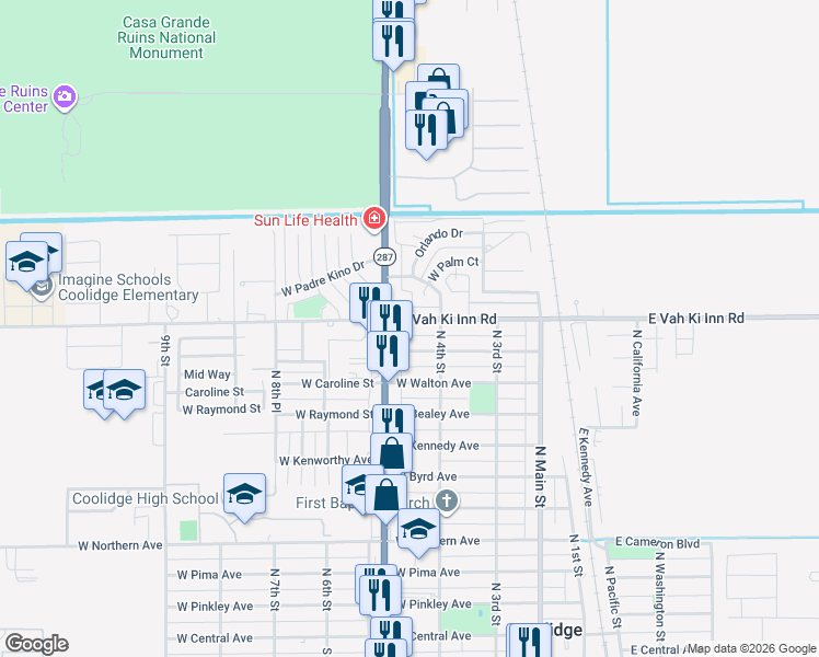 map of restaurants, bars, coffee shops, grocery stores, and more near 1087 North Arizona Boulevard in Coolidge