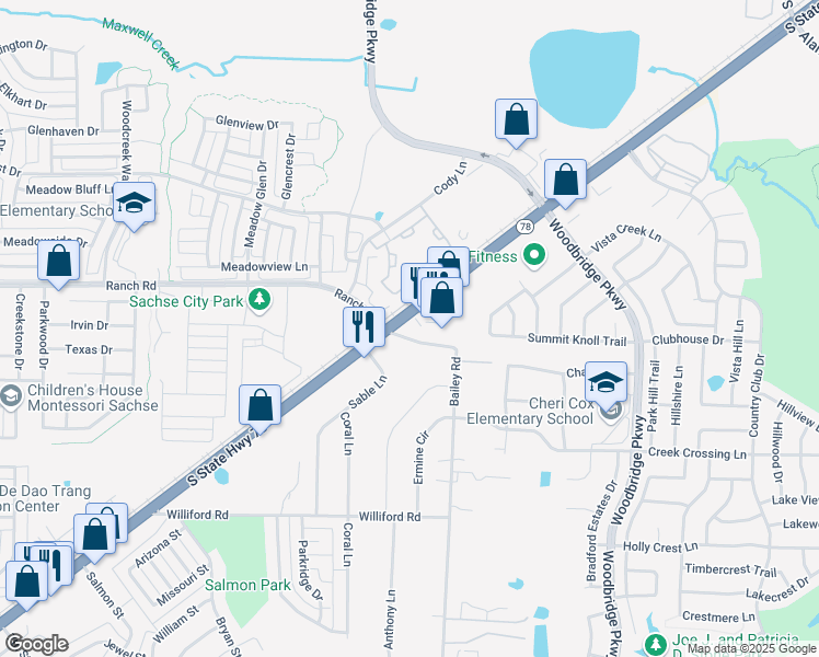 map of restaurants, bars, coffee shops, grocery stores, and more near 7320 South State Highway 78 in Sachse