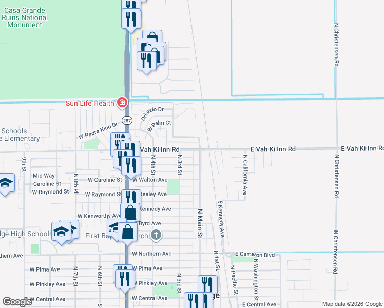 map of restaurants, bars, coffee shops, grocery stores, and more near 243 West Vah Ki Inn Road in Coolidge