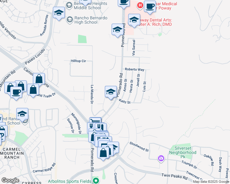 map of restaurants, bars, coffee shops, grocery stores, and more near 15070 Pomerado Road in Poway
