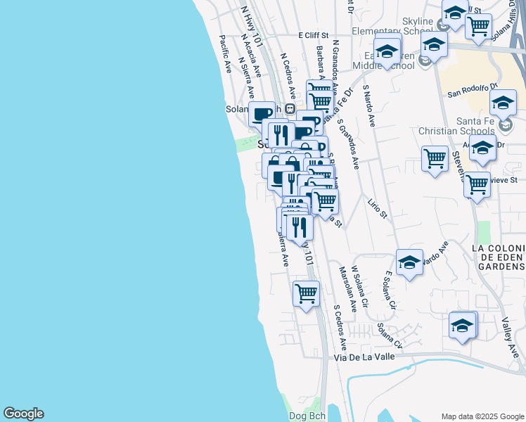 map of restaurants, bars, coffee shops, grocery stores, and more near 325 South Sierra Avenue in Solana Beach