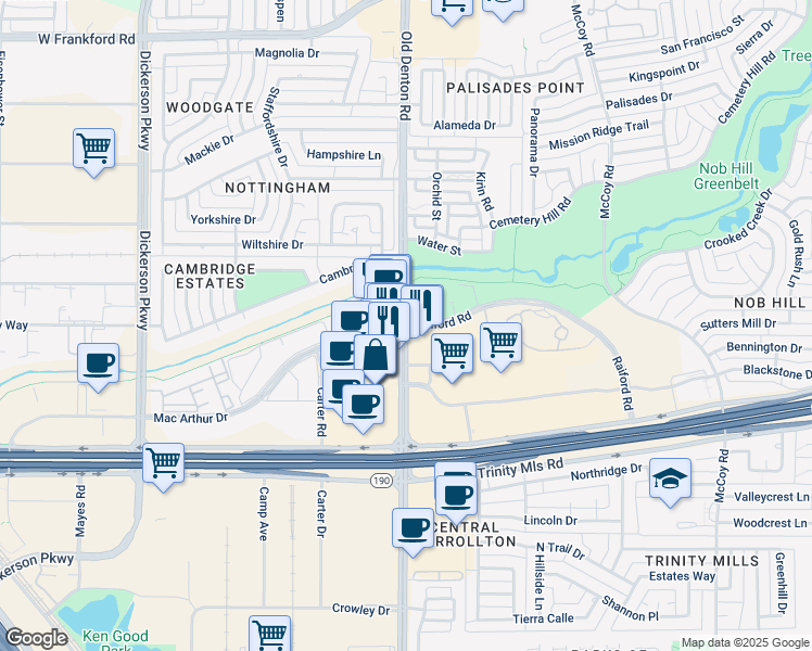 map of restaurants, bars, coffee shops, grocery stores, and more near Old Denton Rd & Mac Arthur Dr in Carrollton