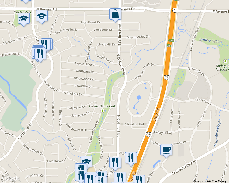 map of restaurants, bars, coffee shops, grocery stores, and more near 2614 East Prairie Creek Drive in Richardson