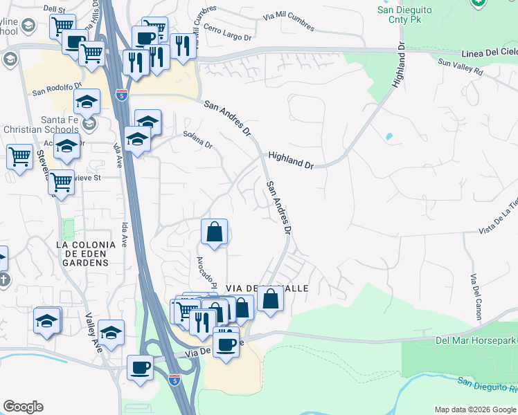 map of restaurants, bars, coffee shops, grocery stores, and more near 1240 Ladera Linda Way in Del Mar