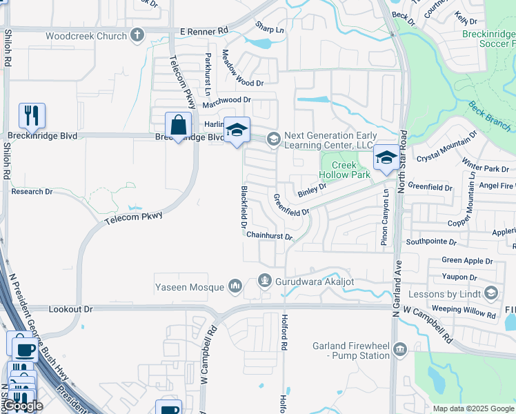 map of restaurants, bars, coffee shops, grocery stores, and more near 2995 Marlow Lane in Richardson