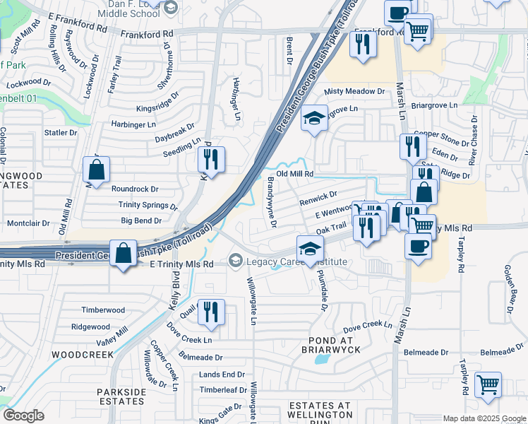 map of restaurants, bars, coffee shops, grocery stores, and more near 2605-2601 Brandywyne Drive in Carrollton
