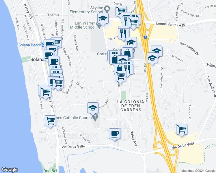 map of restaurants, bars, coffee shops, grocery stores, and more near 768 Sonrisa Street in Solana Beach