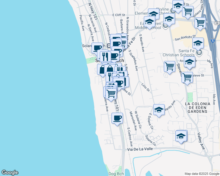 map of restaurants, bars, coffee shops, grocery stores, and more near 329 Highway 101 in Solana Beach