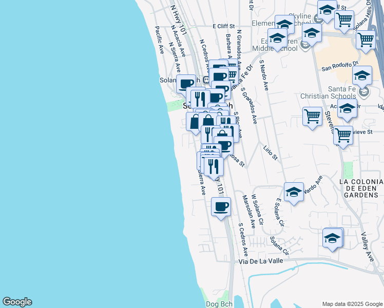 map of restaurants, bars, coffee shops, grocery stores, and more near 245 South Helix Avenue in Solana Beach