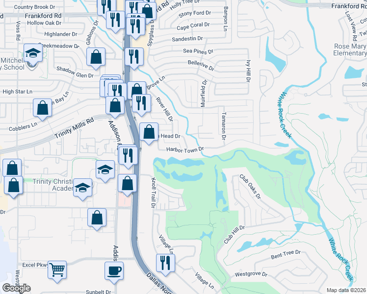 map of restaurants, bars, coffee shops, grocery stores, and more near 5323 Harbor Town Drive in Dallas