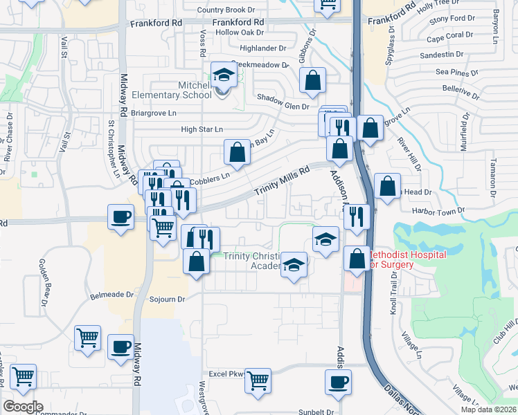 map of restaurants, bars, coffee shops, grocery stores, and more near 4280 Trinity Mills Road in Dallas