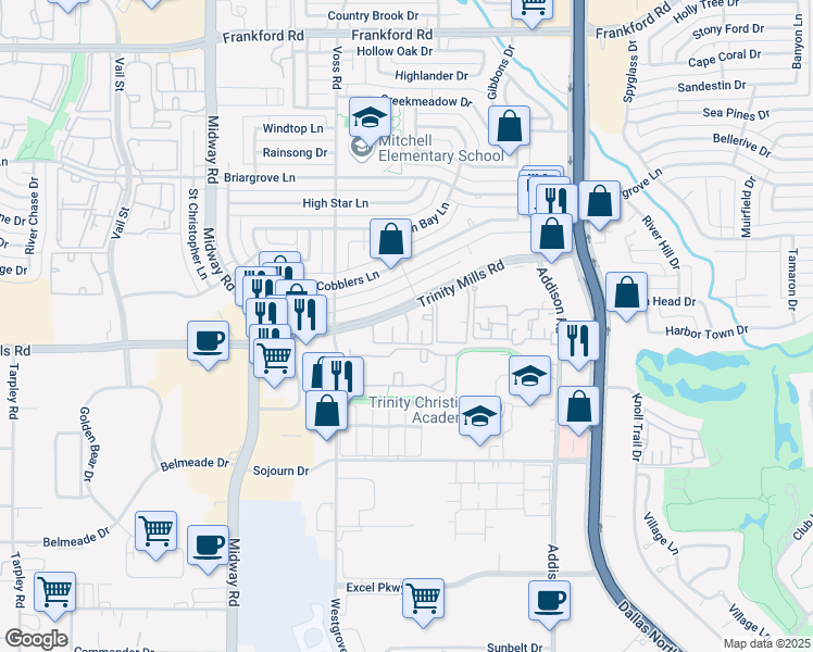 map of restaurants, bars, coffee shops, grocery stores, and more near 4280 Trinity Mills Road in Dallas