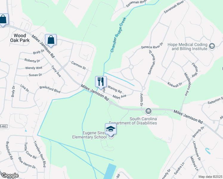 map of restaurants, bars, coffee shops, grocery stores, and more near 106 Waring Road in Summerville