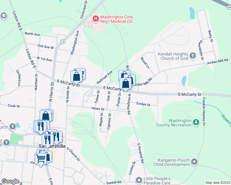 map of restaurants, bars, coffee shops, grocery stores, and more near 514 East McCarty Street in Sandersville