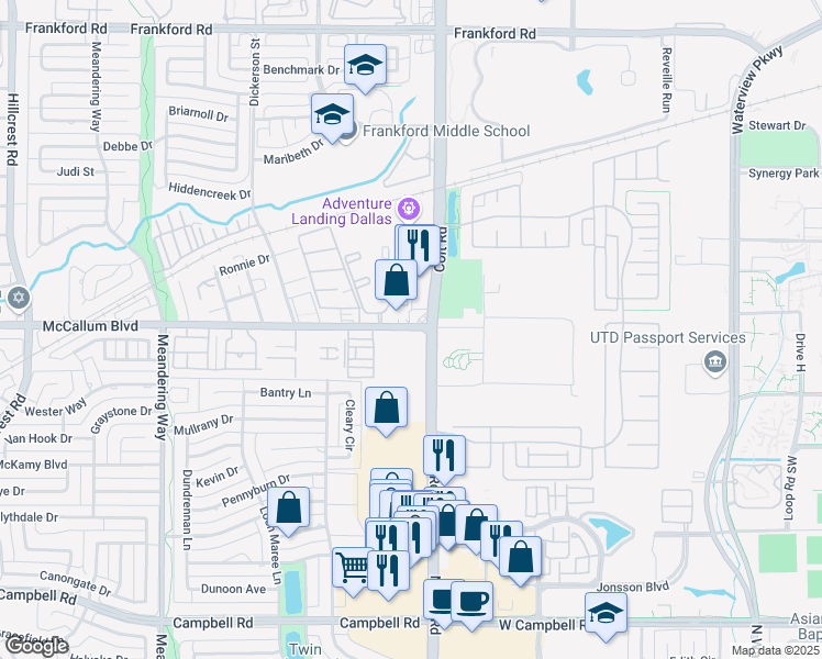 map of restaurants, bars, coffee shops, grocery stores, and more near 7920 McCallum Boulevard in Dallas