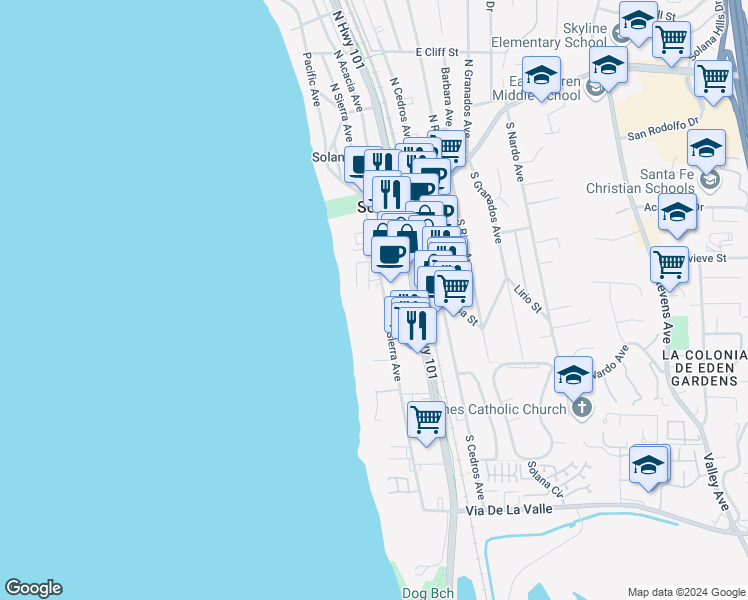 map of restaurants, bars, coffee shops, grocery stores, and more near 245 South Helix Avenue in Solana Beach