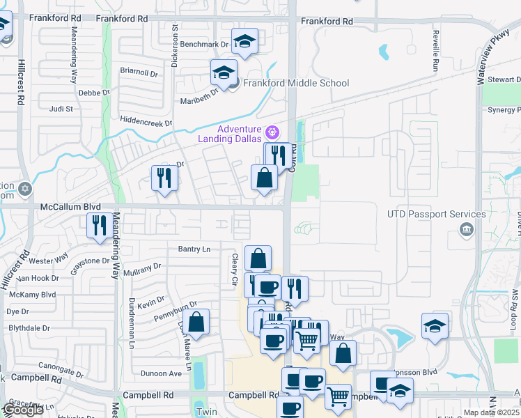 map of restaurants, bars, coffee shops, grocery stores, and more near 7840 McCallum Boulevard in Dallas