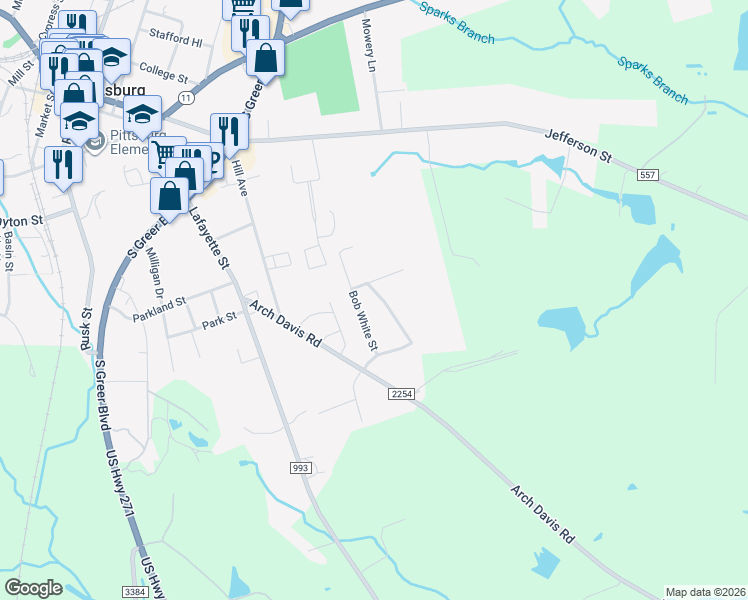 map of restaurants, bars, coffee shops, grocery stores, and more near 112 Mockingbird Lane in Pittsburg