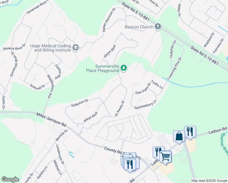 map of restaurants, bars, coffee shops, grocery stores, and more near 302 Alwyn Boulevard in Summerville