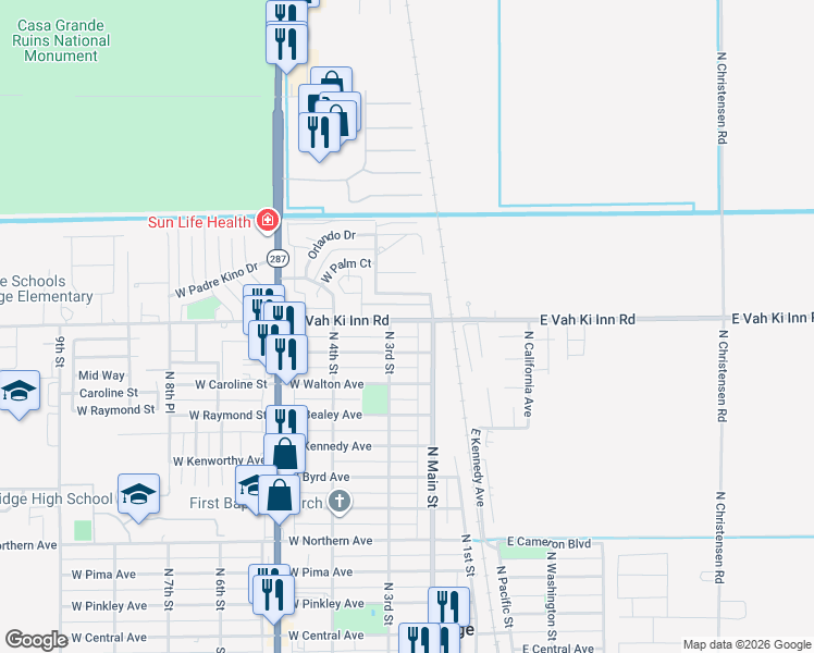 map of restaurants, bars, coffee shops, grocery stores, and more near 243 West Vah Ki Inn Road in Coolidge