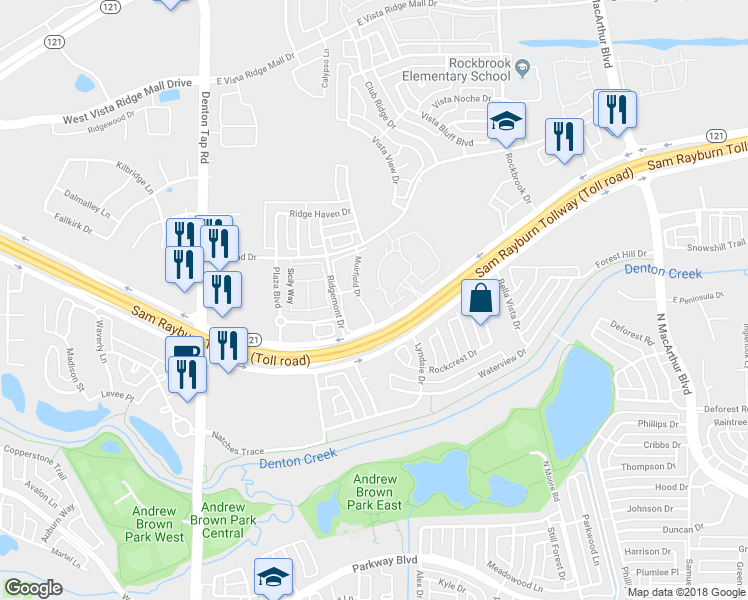 map of restaurants, bars, coffee shops, grocery stores, and more near 23 Prestwick Lane in Lewisville