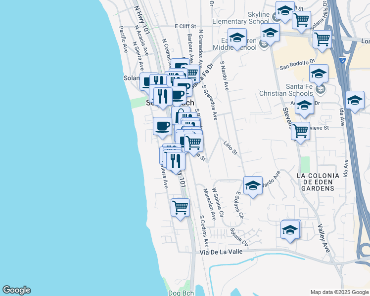 map of restaurants, bars, coffee shops, grocery stores, and more near 341 South Cedros Avenue in Solana Beach