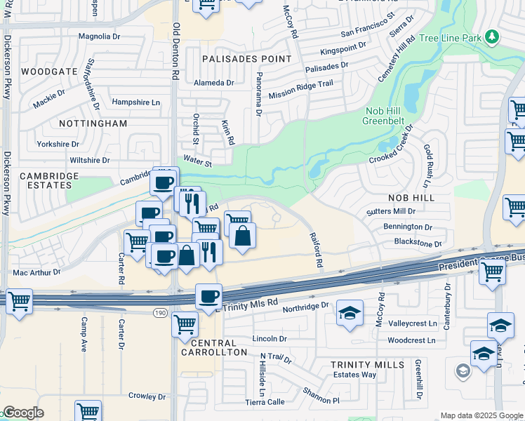 map of restaurants, bars, coffee shops, grocery stores, and more near 1100 Raiford Road in Carrollton