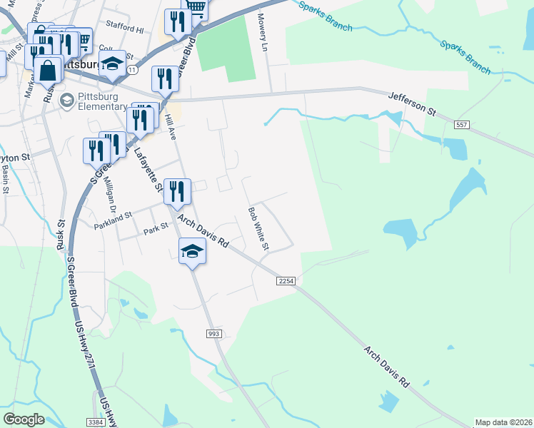 map of restaurants, bars, coffee shops, grocery stores, and more near 112 Mockingbird Lane in Pittsburg