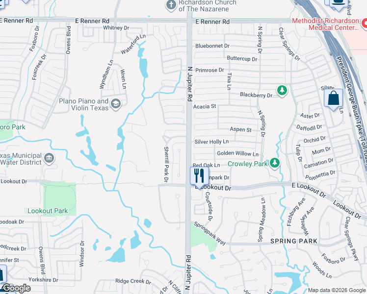 map of restaurants, bars, coffee shops, grocery stores, and more near 2708 Sherrill Park Court in Richardson