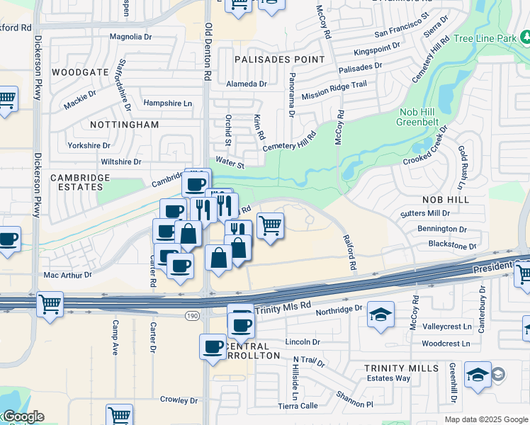 map of restaurants, bars, coffee shops, grocery stores, and more near 14 Raiford Road in Carrollton