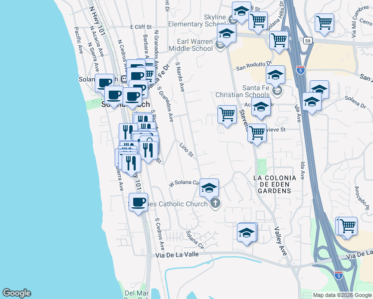 map of restaurants, bars, coffee shops, grocery stores, and more near 532 Via De Vista in Solana Beach