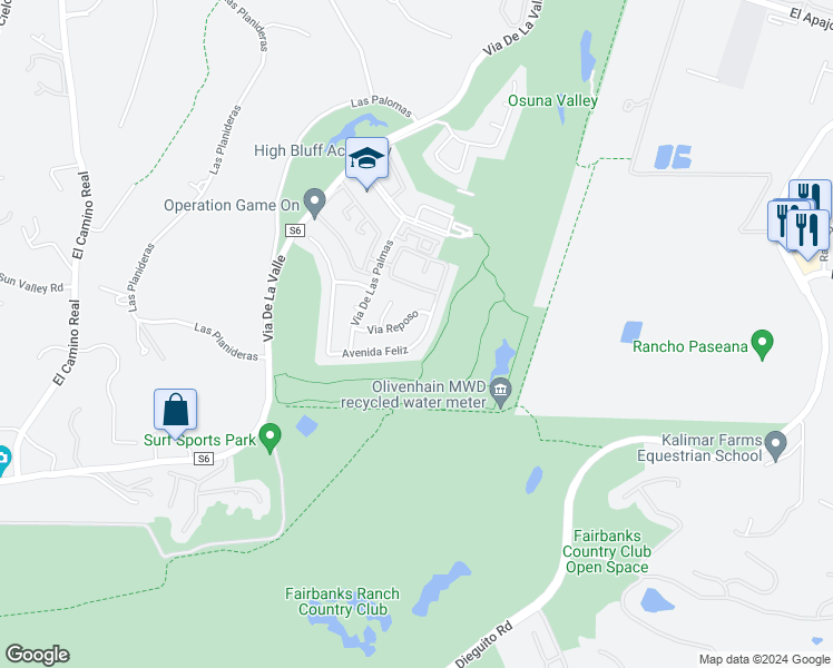 map of restaurants, bars, coffee shops, grocery stores, and more near 3916 Avenida Brisa in Rancho Santa Fe
