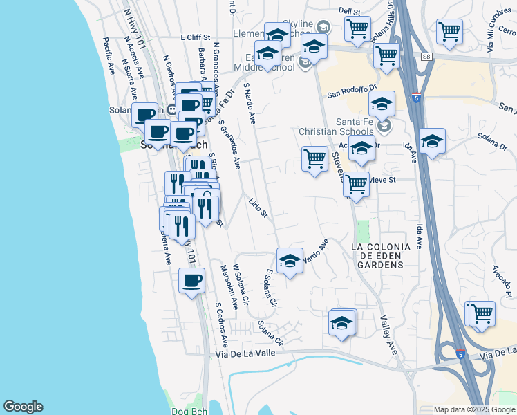 map of restaurants, bars, coffee shops, grocery stores, and more near 542 Via De Vista in Solana Beach