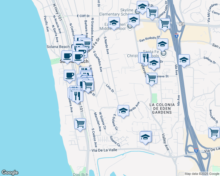 map of restaurants, bars, coffee shops, grocery stores, and more near 526 Via De Vista in Solana Beach
